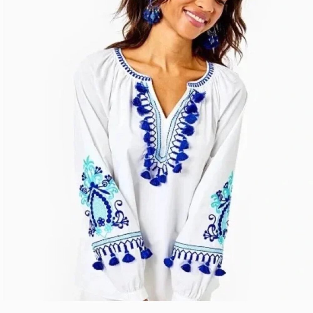 LILLY PULITZER KAYDENCE TUNIC TOP WITH WITH BLUE XS 100% COTTON BEACH RESORT